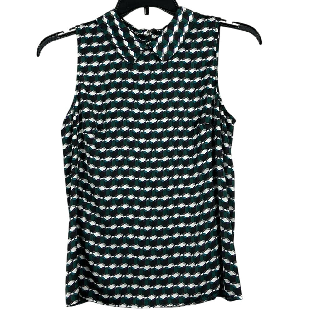 Halogen  Back Zip Sleeveless Blouse Womens Size Medium‎ Green Blue Geometric